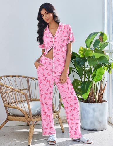 Image of Ekouaer Pajamas for Women Set Button Up Soft Pjs Short Sleeve 2 Piece Lounge Sets Comfy Sleepwear