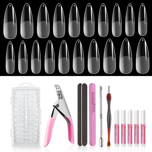 Gel Nail Tips Kit, Doladaes Long Almond Nail Tips, 240 Pcs Half Matte Gel Fake Nail, 10 Size Nail Extension Tips Set ?False Nails Tips with Glue,Clipper,Files, Cuticle Pusher and Fork