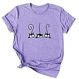 Lailezou Women's Three Cats Pattern Solid Color Printing O-Neck Simple T-Shirt Summer Casual Basic Short-Sleeved top Purple