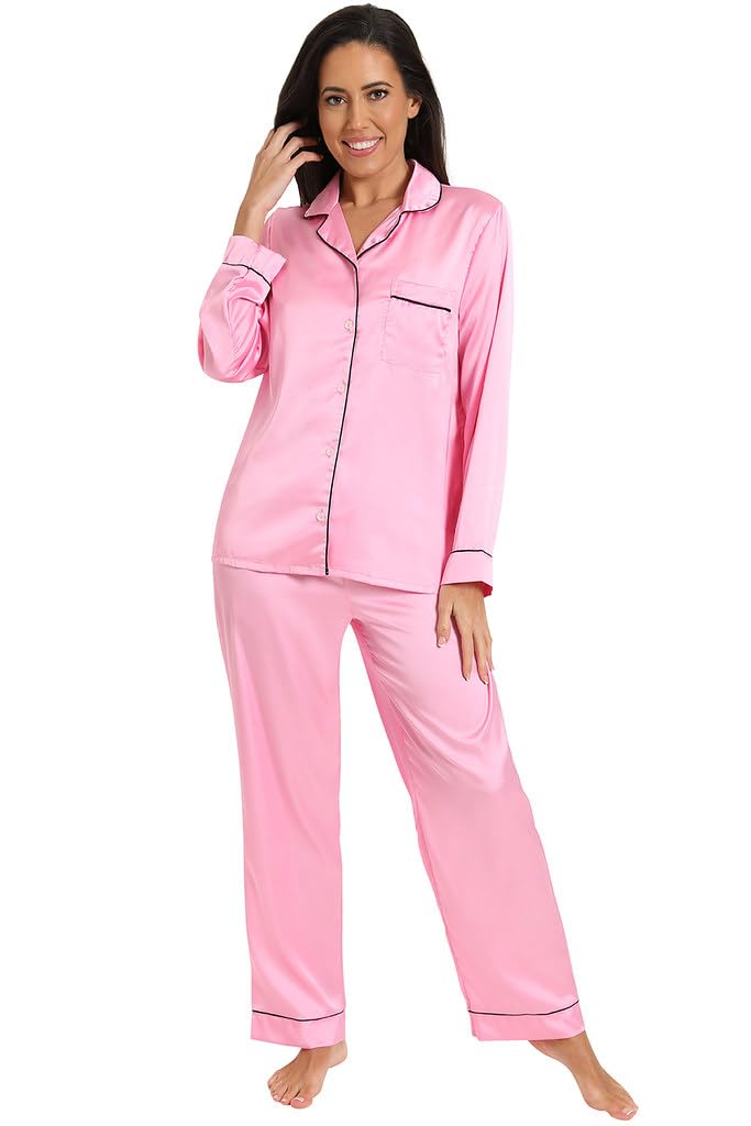 Thepyjamafactory Women's Pink Satin Long Pyjama Set Summer Two Piece Pyjamas For Silk Pjs (16-18)