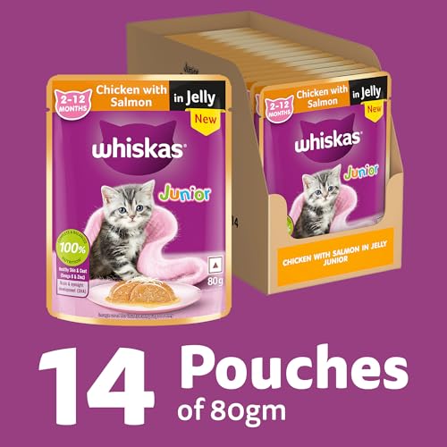 Image of Whiskas Junior Kitten (2-12 Months) Wet Cat Food, Chicken with Salmon in Jelly, 80 g x 14, Hydrating Food Made with Real Fish, 100% Complete & Balanced Nutrition for Kittens