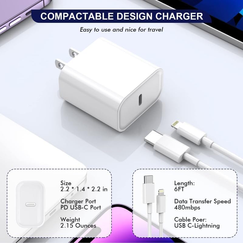 Miniatura 5 de Cargador rápido para iPhone, certificado Apple MFi Cargador de iPhone de carga rápida Apple Wall Charger Block de 6 pies USB C Cable Lightning Cable