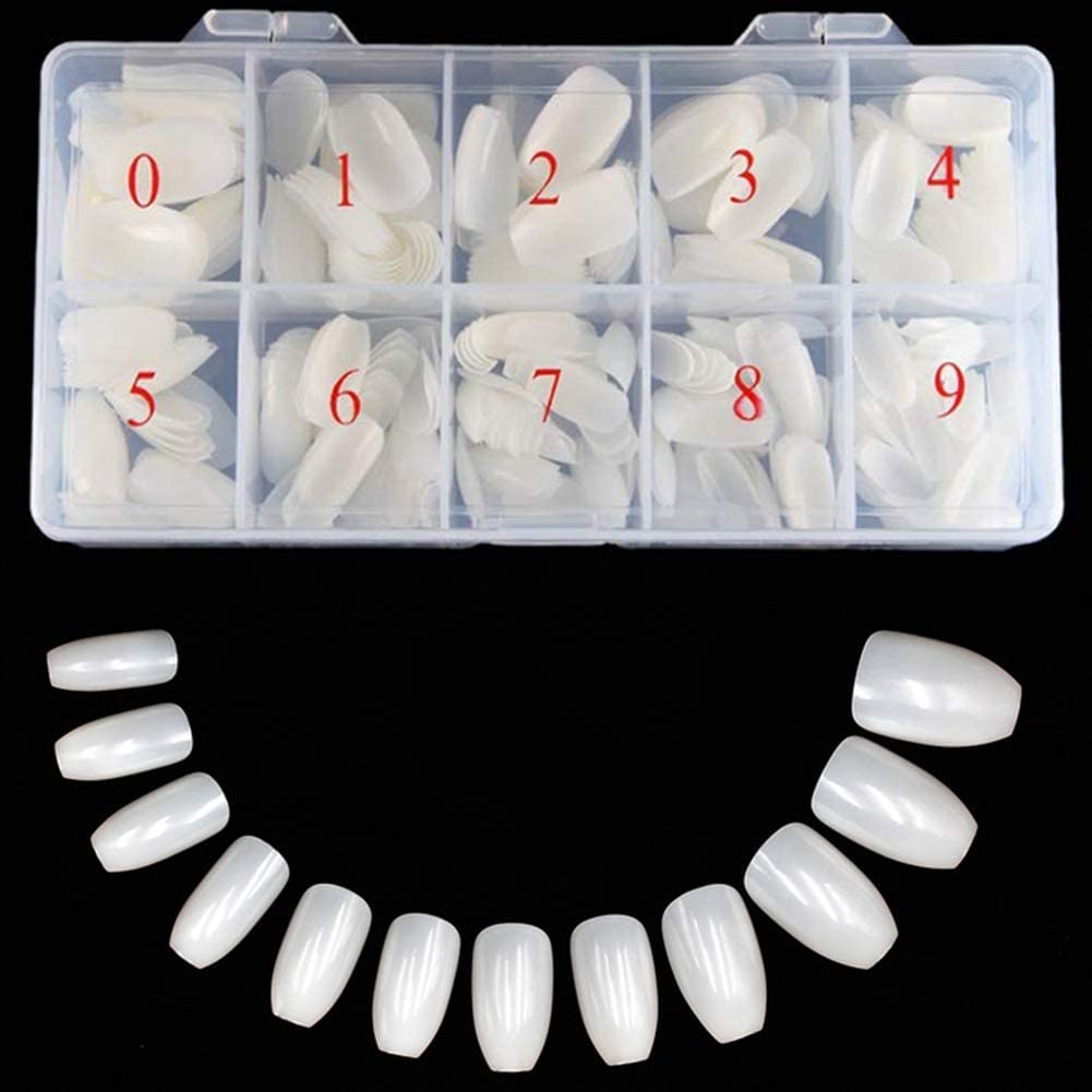 500 Pcs Acrylic Nail Tips, Fake Nails Artificial, 10 Sizes for Nail Salons and DIY Nail Art Manicure Tool with Box- COFFIN