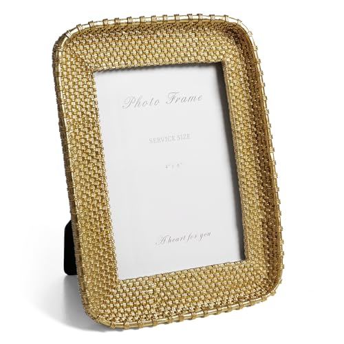 4x6 Picture Frame Vintage Gold Metal Rattan Textured Hand-Crafted Photo Frame with Glass Front, Antique Picture Frame for Tabletop Display & Wall Display, Retro Design Home Decor