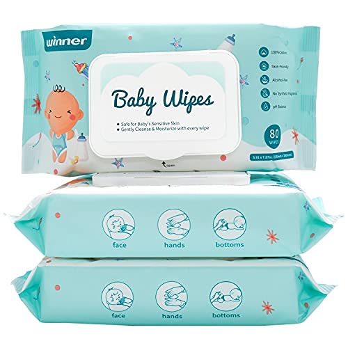 Winner Baby Wipes, 99% Water Baby Wipes, Pure Cotton, Unscented and Hypoallergenic for Sensitive Skin Wipes, 3 Packs (240 Wipes)