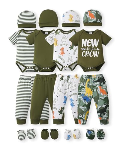 Image of NZRVAWS Newborn Baby Boy Girl Clothes Unisex Infant Romper Pants Set Hat 4-Pack Outfits 0-12 Months 16 Pieces Toddler