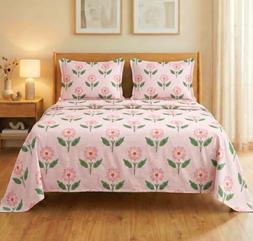 Image of BSB HOME Cloud Cotton King Size Bedsheet Set 228 x 254 cm, 220 Thread Count Soft & Breathable Cotton Bedsheet with 2 Pillow Covers, Floral Printed Bedding for Home (Dusty Pink)