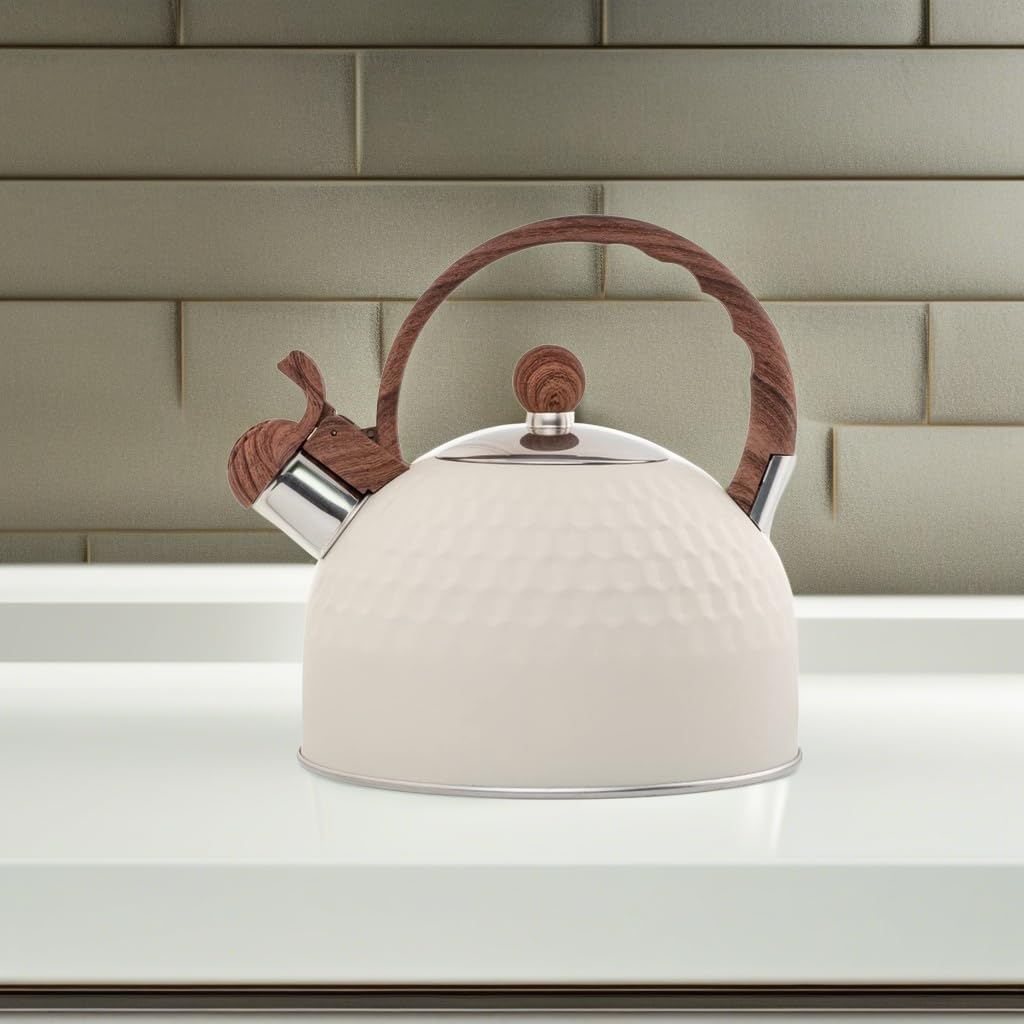 Tea Kettle Stovetop, Stainless Steel Whistling Kettles Teapot with Anti-hot Handle, Hot Water Boiling Pots for Stove Top, 2.5 Liter, Beige Color