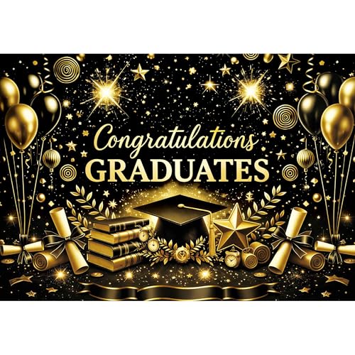 LIVUCEE Class of 2026 Graduation Backdrop - 7x5ft Congraduations Graduate 2026 Photo Booth Background for Prom Party with Black and Gold Congrats Grad Banner Supplies Decor (Black)