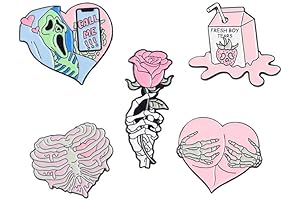 5Pcs Cartoon Pink Skull Rose Heart Shape Gothic Enamel Pin Set