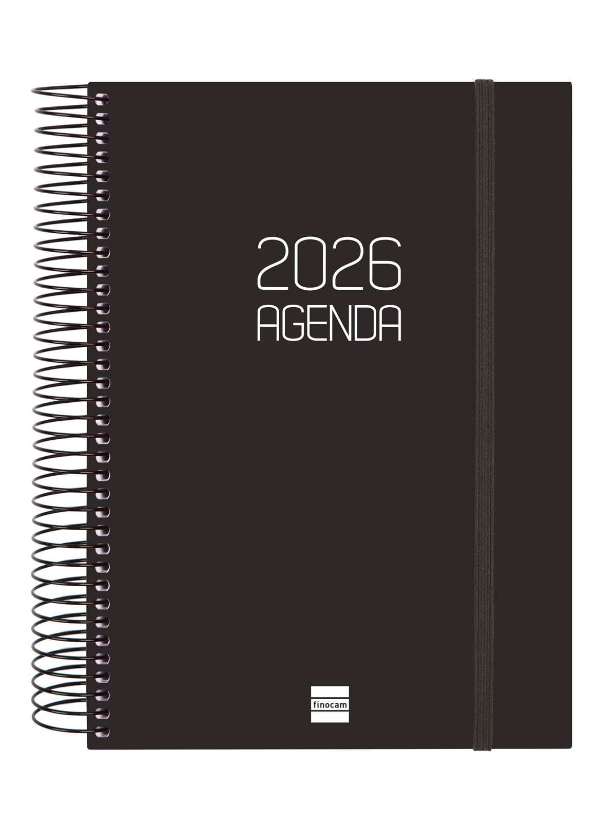 Finocam - Agenda Espiral 2026 1 Día Página | Enero - Diciembre (12 meses) | Agenda Anual 2026 con goma | Tapa de polipropileno Espiral Opaque - Negro - Español