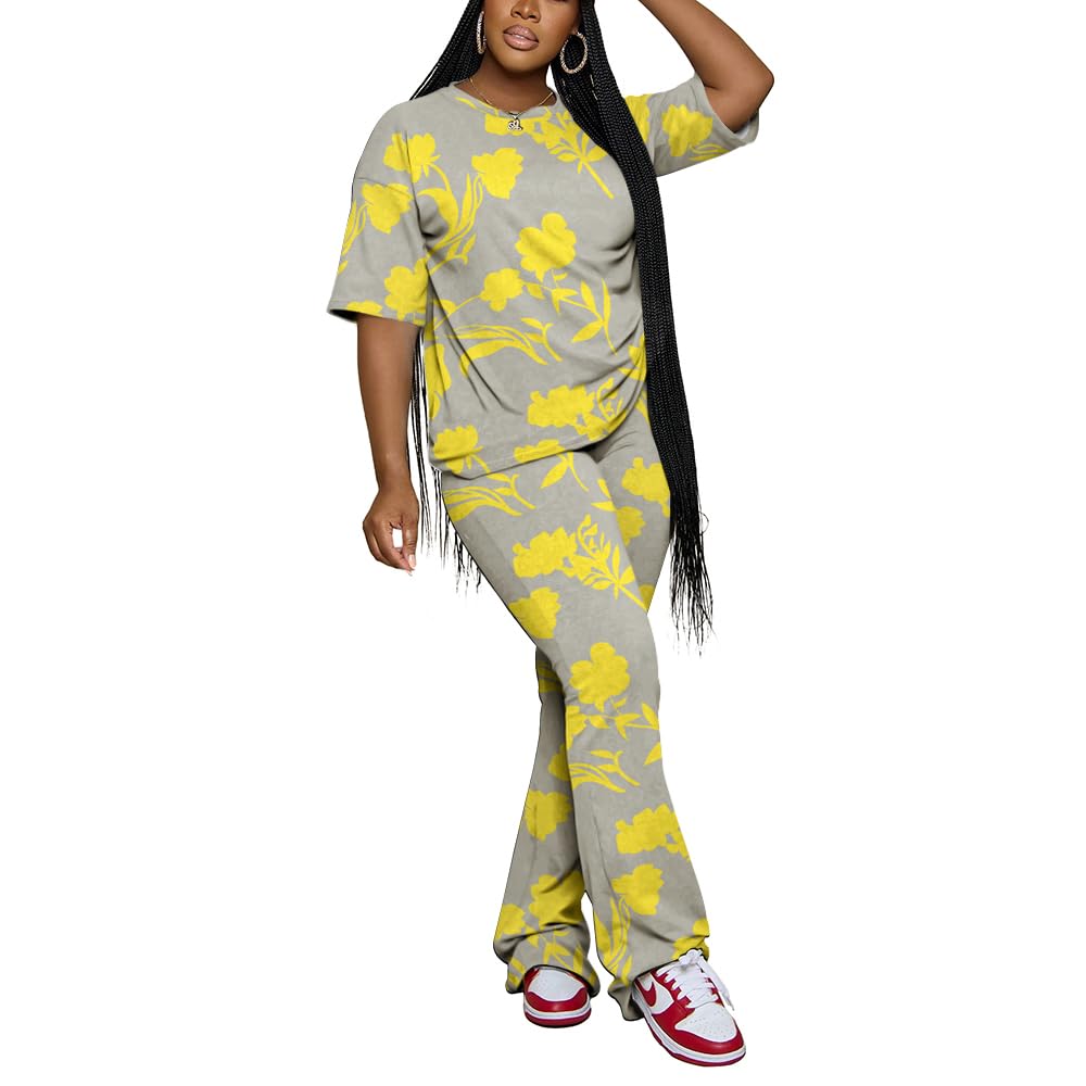 PINSV Women 2 Piece Outfits Short Sleeve Top and Flare Pants Lounge Sets Tracksuit