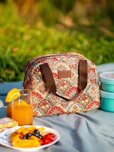 Image of ZOUK Mughal Art Multicolor Motif Printed Jute Multicolor Insulated Lunch Tiffin Storage Picnic Bag