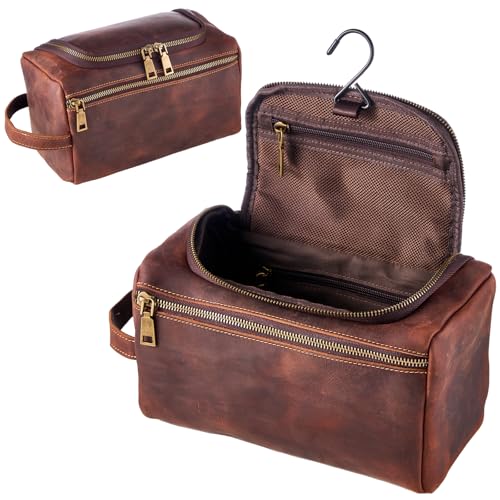 EURYNOME Leather Unisex Toiletry Bag Travel, Genuine Leather Shaving Dopp Kit - Mens Toiletry Bag With Hook -Makeup Cosmetic Organizer Kit - Men Travel Toiletries Bag Groomsmen Gift