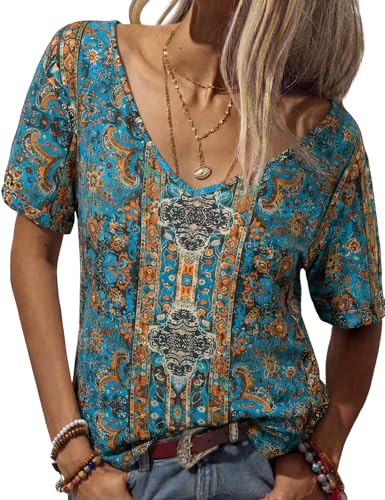 Image of Danedvi Women Deep V-Neck Short Sleeve Tops Solid Casual Loose T Shirt