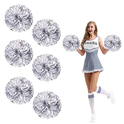 Extpro 6Pcs Cheerleading Pom Poms with Finger Holes Metallic Foil Cheer Pom Poms for Dance, Matches, Team Spirit Sports, Stage Performance, Carnival Celebration (6pcs-Silver)