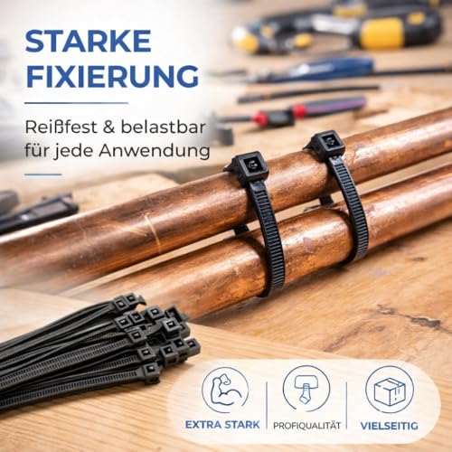 100x Kabelbinder schwarz Cable Ties Set - kurz & lang - Zip ties reißfest & UV beständig - diverse Längen (250 mm x 4,8 mm)