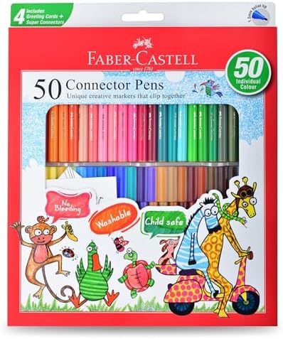 Faber-Castell Connector Pen Set โ Pack of 50 | Bright, Washable Colours with Smooth Ink Flow | Snap-On Connector Caps for Creative Play | Non-Toxic & Child-Safe Sketch Pens
