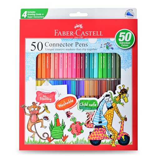 Image of Faber-Castell Connector Pen Set - Pack of 50 | Bright, Washable Colours with Smooth Ink Flow | Snap-On Connector Caps for Creative Play | Non-Toxic & Child-Safe Sketch Pens