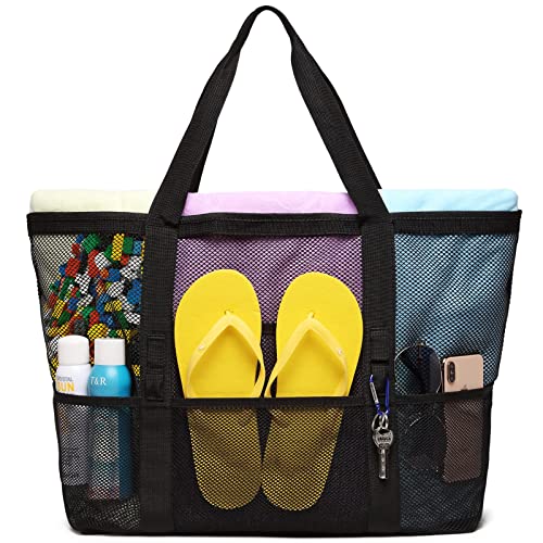 Mesh Strandtasche Schwarz,Große Netz Strandtasche,Sand Spielzeug Aufbewahrungstasche,Faltbare Damen Handtaschen Reisetaschen mit Taschen Reißverschluss für Familie Urlaub Strand Picknick Shopping Cover