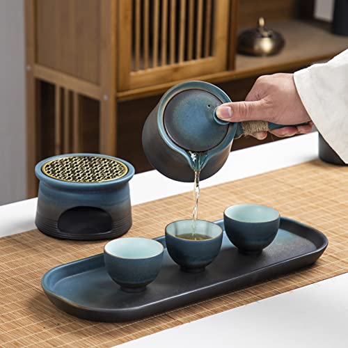 Fanquare Asian Tea Set Traditional, Kiln Glazed Kungfu Tea Set Travel, Blue Chinese Teapot Set With 4 Ceramic Cups, Tea Canister, Warmer #TOP3
