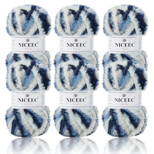 Image of NICEEC Faux Fur Yarn Super Soft, Chunky & Fluffy, Eyelash Yarn for Crochet & Knitting(Total Length 210yds /10.6oz) - Blue with White /300g