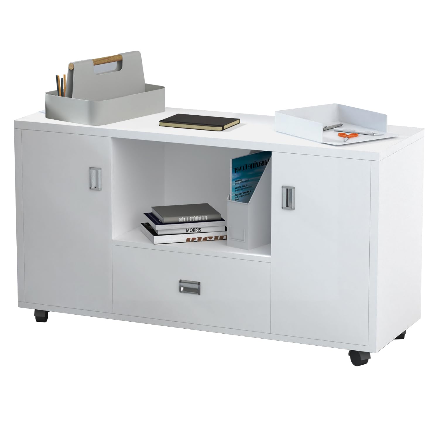 Mahmayi Melamine On Mdf Carre 239 Side Extension Cabinet - Contemporary and Spacious Wooden Cabinet With Shelves and Drawer Storage - 60Cm X 120Cm X 40 Cm (White) (White)