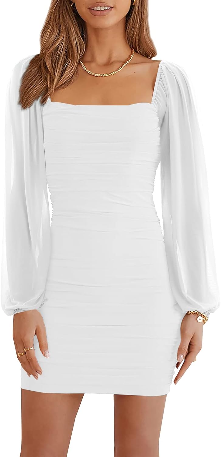 Wenrine Women's Mesh Long Sleeve Square Neck Ruched Party Club Cocktail Bodycon Mini Dress