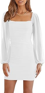Women's Mesh Long Sleeve Square Neck Ruched Party Club Cocktail Bodycon Mini Dress - Buy now