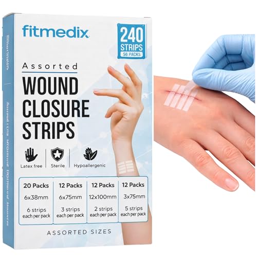 FitMedix Sterile Wound Closure Suture Strips Assorted - 4 Sizes (240 Strips / 56 Packs) Latex-Free Hypoallergenic Skin Closure Strips for Minor Cuts Lacerations & First Aid Kit