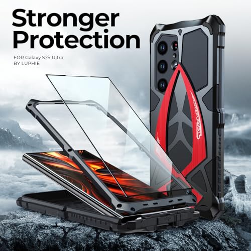 Image of Lunivop for Samsung Galaxy S26 Ultra Case 6.9 '' Metal Hard Phone Case Cover Case para Screw with Camera Protection Heavy Duty metalicas Military Grade Black Red