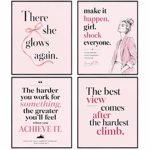 HTNDSIEHA Pink Motivational Wall Art, 4 Unframed Prints, 8x10 Inch Each