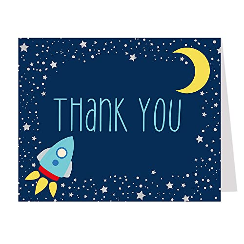 The Invite Lady Rocket Ship Thank You Cards Baby Shower Outer Space Sprinkle Thank You Notes Ship Stars Moon Spaceship Stripes Navy Blue Boys It's A Boy Folding Cards(50 Count) #TOP7