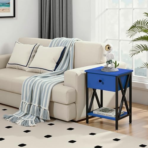 Image of VECELO Nightstands, Modern Bedside End Tables Set of 2, Night Stand with Drawer and Storage Shelf for Living Room Bedroom, Industrial Metal Frame