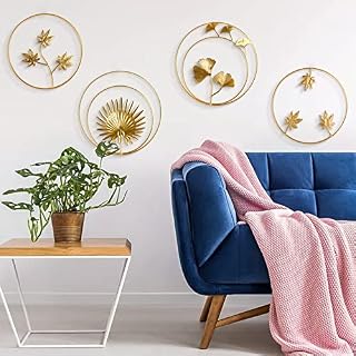 Gold Leaves Metal Wall Art,4Pcs Nordic Style Wall Art Round Gold Leaves Metal Wall Decor,Golden Metal Leaf Hanging Decoration,for Home Hotel Office Wedding Party Garden Decoration