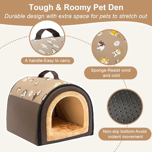 Jiupety Cozy Small Pet Dog House, 2 in 1 Puppy House, S Size for Cat and Puppy, Warm Cave Sleeping Nest for Cats and Dogs, S(14"×12"×11"), Up to 5 Lb, Brown - Image 5