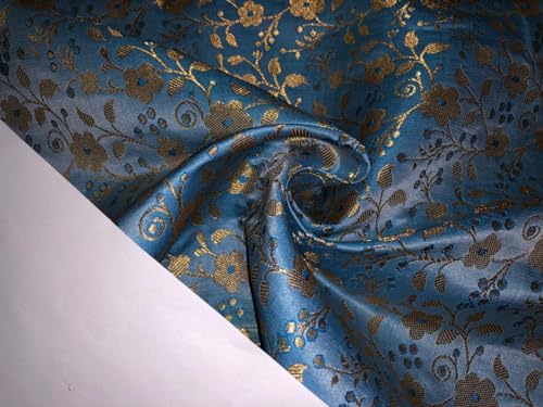 Tissu brocart de soie à motif jacquard floral bleu et or