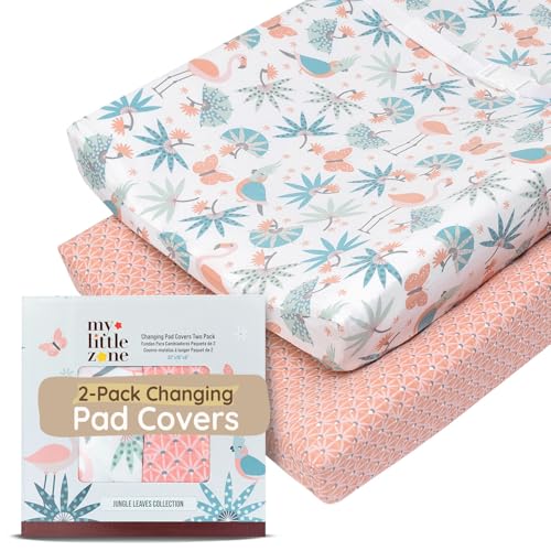 Image of Baby Changing Pad Covers Table Sheet 32 inchx16 inch, 8 inchDeep Pocket - Diaper Changing Pad Cover, 100% Cotton Jungle Leaves & Flamingo Sheets 2 Pack, Flamingo Baby Sheets, Designed in France, White-Coral Pink