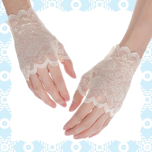 Lace Gloves Fingerless, Short Floral Lace Gloves Women Tea Party, Fingerless Glove for Women Bridal Prom Wedding Party Costume Accessories(Beige)4