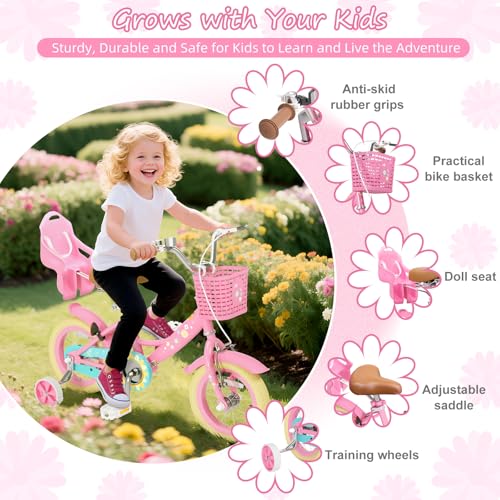 Image of XJD Girls Bike for Toddlers 3-9 Years Old Kids, 12 14 16 Inch Kids Bike with Training Wheels, Streamers, Basket and Doll Seat