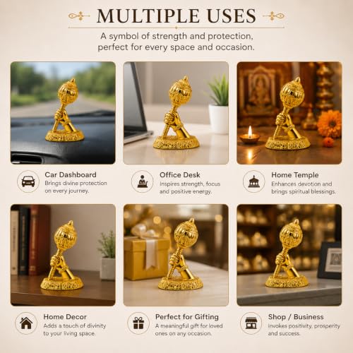 Image of Metal Hanuman Gada for Car Dashboard | Bajrangbali Gada Showpiece for Home Temple, Office Desk & Car, Housewarming Gift | Gift for him | 3.1 Inches | Dual Tape Included (Gold)