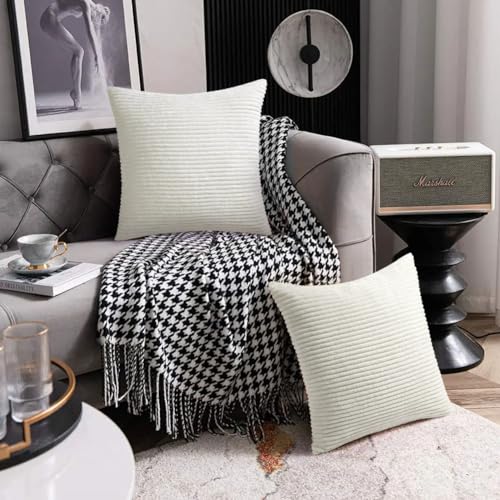 AUAUY Corduroy Cushion Covers, 45 x 45 cm Pack of 2 Super Soft Corduroy Beige Cushion Covers - Image 2