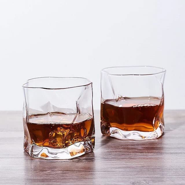 BABALI. Crumple Paper Twisted Crystal Clear Whiskey Glasses Set of 6 pcs- 280 ml Bar Glass for Drinking Bourbon Whisky Scotch Cocktails Cognac- Old Fashioned Cocktail Tumblers Transparent