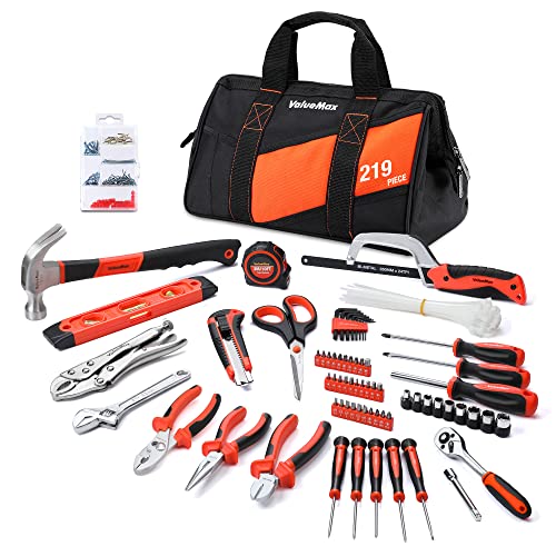 VALUEMAX 219-Piece Home Tool Set General, Basic Household Repairing Tool Kit, with 13-Inch Large Mouth Opening Tool Bag, Orange VALUEMAX 219-Piece Home Tool Set General, Basic Household Repairing Tool Kit, with 13-Inch Large Mouth Opening Tool Bag, Orange