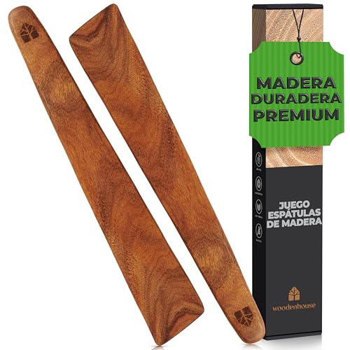 Espátulas Madera Para Cocinar - Juego de 2 Utensilios de Cocina Madera de Teca, Espátulas Raspadoras de 30.5 cm. Accesorios Cocina - Duraderos y Antiadherentes - Para voltear, remover y servir