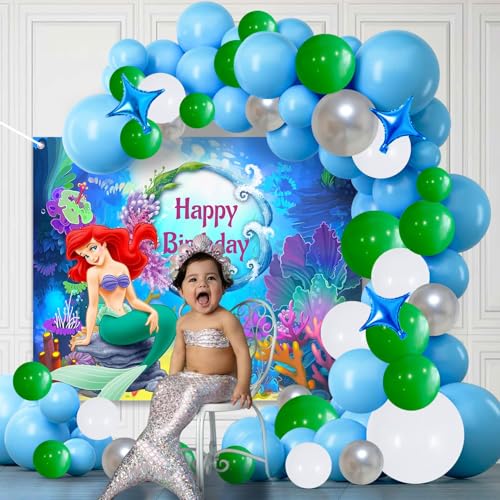 Image of Party Propz Mermaid Theme Birthday Decorations with Backdrop - 40 PCS Mermaid Balloons, Star Foil Balloons, Birthday Decoration Kit for Girls with Happy Birthdays Backdrop