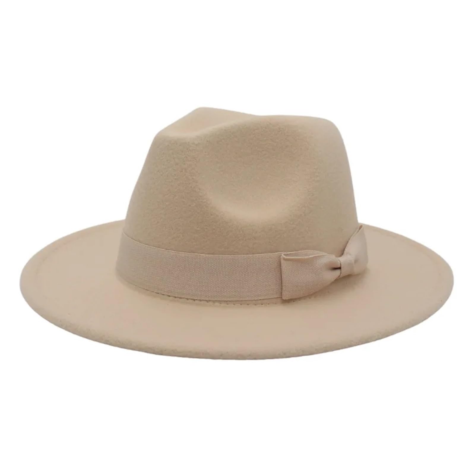 Lovssu Women's Beige Bowler Hat Wide Brim Cream Bow Fedora Hats For Autumn Winter Solid Color Jazz Top Hat For Wedding Party Church Felt Cap For (,59-61Cm)