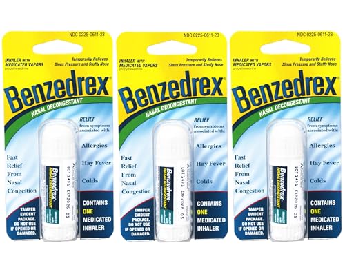 Benzedrex Nasal Decongestant Inhaler Medicated Vapor Relief for Sinus Pressure Nasal Congestion Allergies Hay Fever & Colds (Pack of 3)