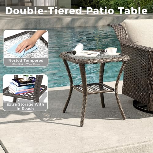 Image of 3 Piece Patio Furniture Set, Wicker Outdoor Conversation Set | Patio Chair Set with Olefin Removable Cushion, All-Weather Glider Swivel Chair Set with Deep Seat for Porch, Deck, Beige