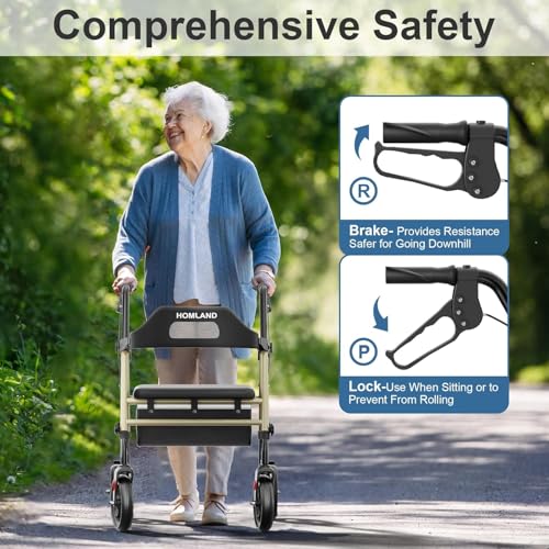 Image of HOMLAND Foldable Rollator Walker with Seat for Seniors, 16 inch Enlarged Seat | 8 inch Big Wheels, 16 inchx12 inchx1.9 inch Thick Padded Seat, Adjustable Seat & Handle Height, Tool-Free Assembly, All Terrain Mobility Aid